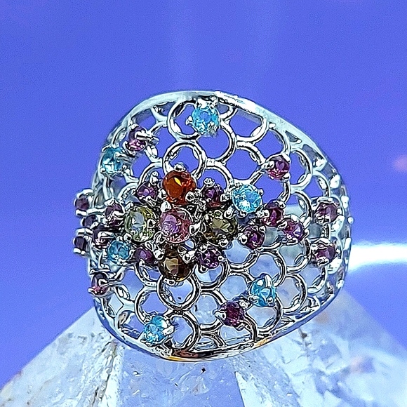 Natural Tourmaline, Apatite, Rhodolite Garnet 925 Sterling Silver Ring Sz 7.5 - Picture 2 of 9